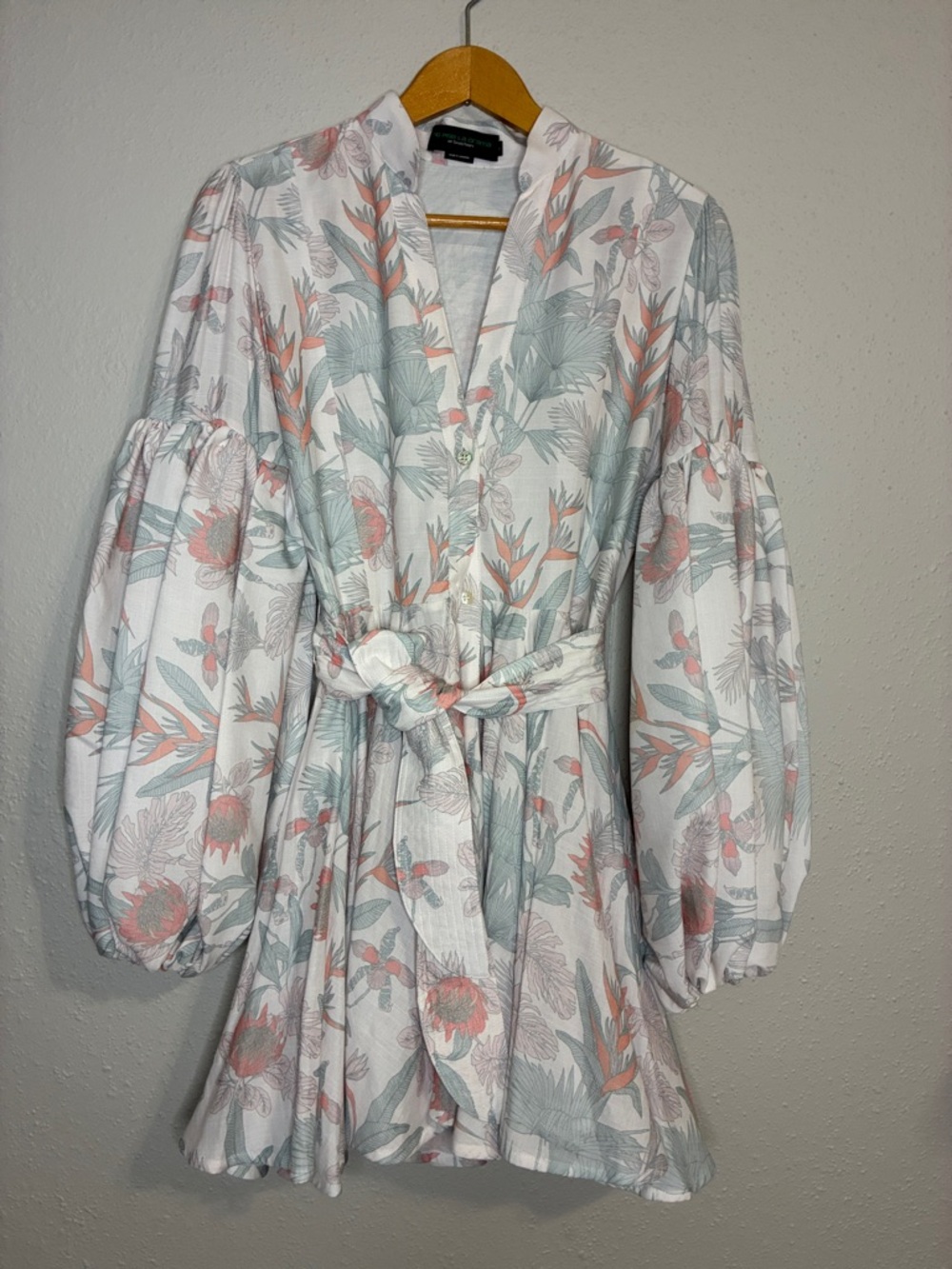 Button-Front Floral Mini Dress in White with Coral & Sage - Picture 1 of 9